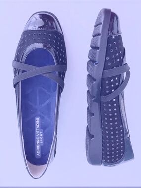Adrienne Vittadini Black Ballet Flats with Patent Toe and Cross Straps